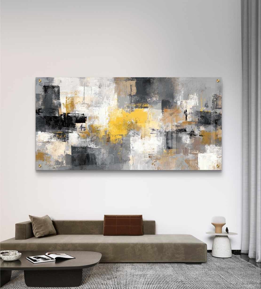 תמונת זכוכית לרוחב בעיצוב אבסטרקטי בגווני אפור, שחור וזהב עם מראה מודרני ויוקרתי