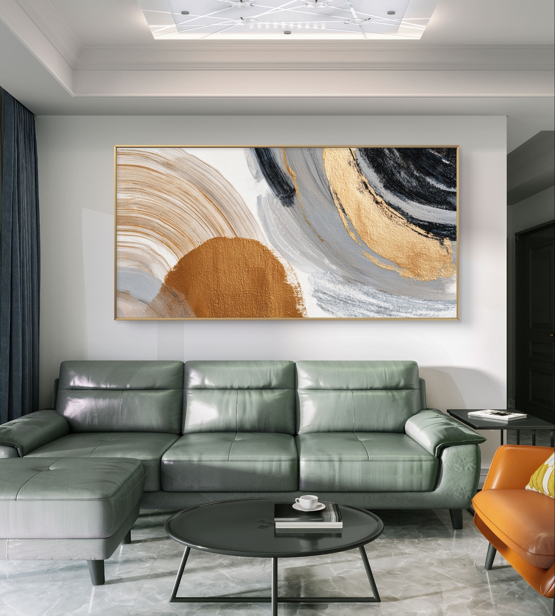 תמונת קנבס מופשטת לרוחב בגווני שחור, אפור וזהב – תכשיט לבית