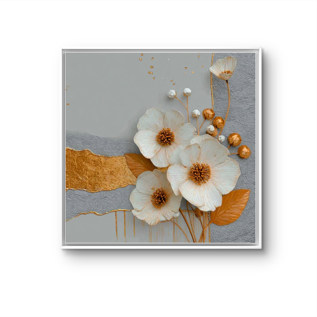 עלי זהב – תמונת קנבס פרחים לבנים עם זהב ואפור | SQ3381