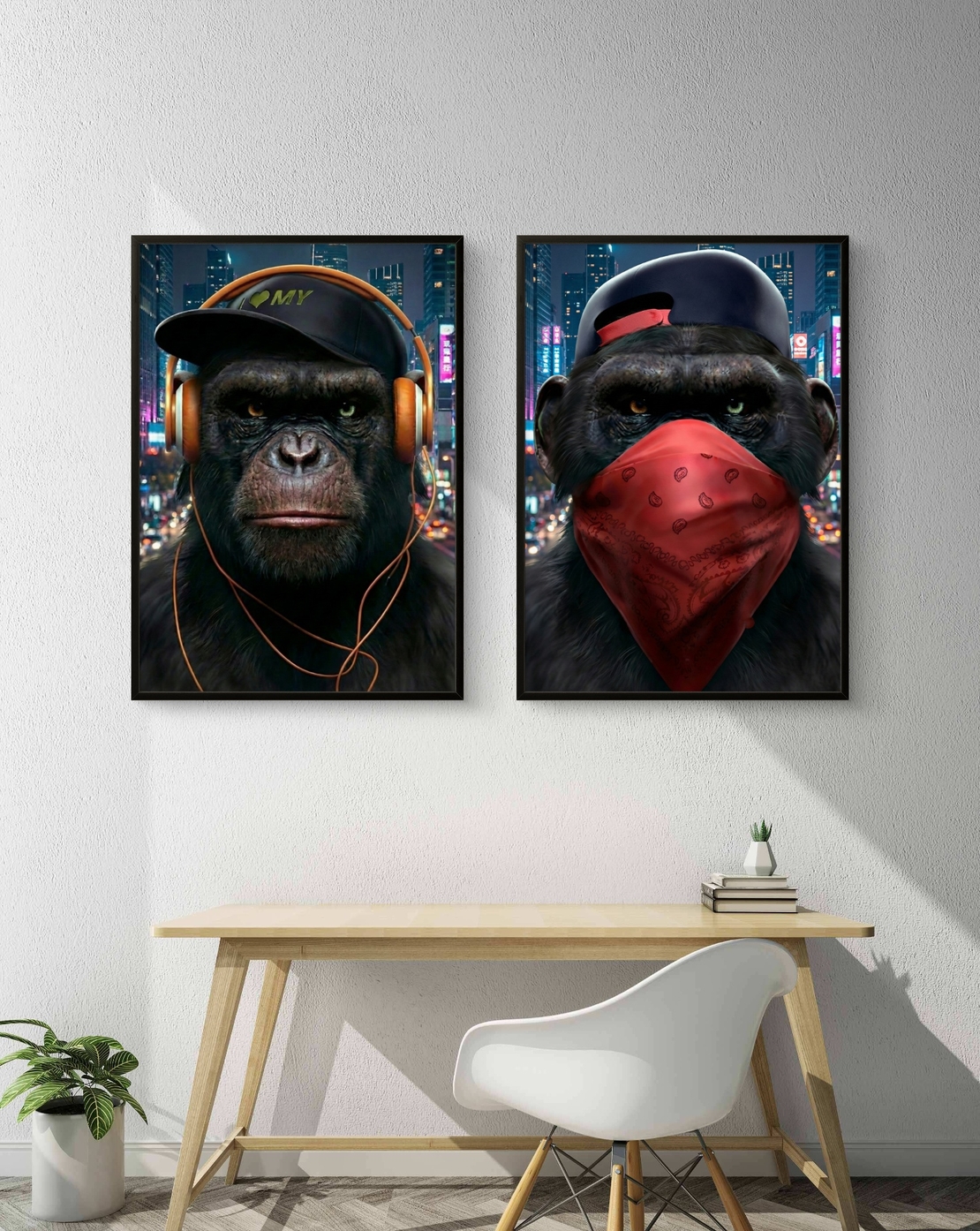 תמונת קנבס זוגית בסגנון אורבני של דמויות קופים עם אוזניות וכיסוי פנים, מסר של עוצמה, זהות וחופש