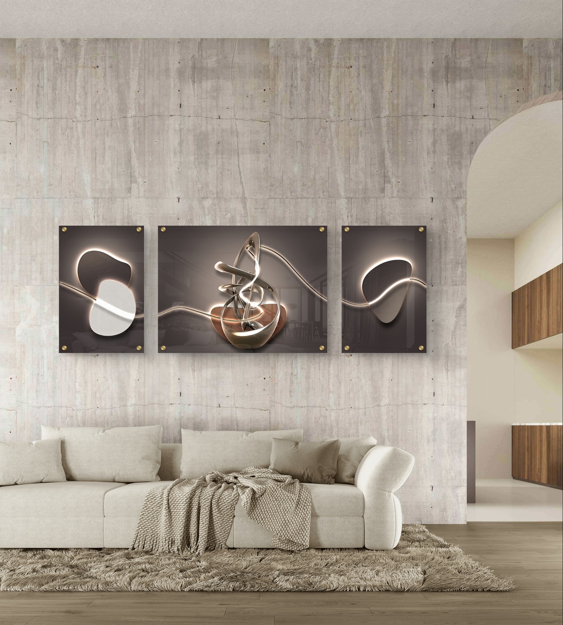 תמונת זכוכית מחולקת בעיצוב אבסטרקטי מודרני עם קווי אור וצורות זורמות