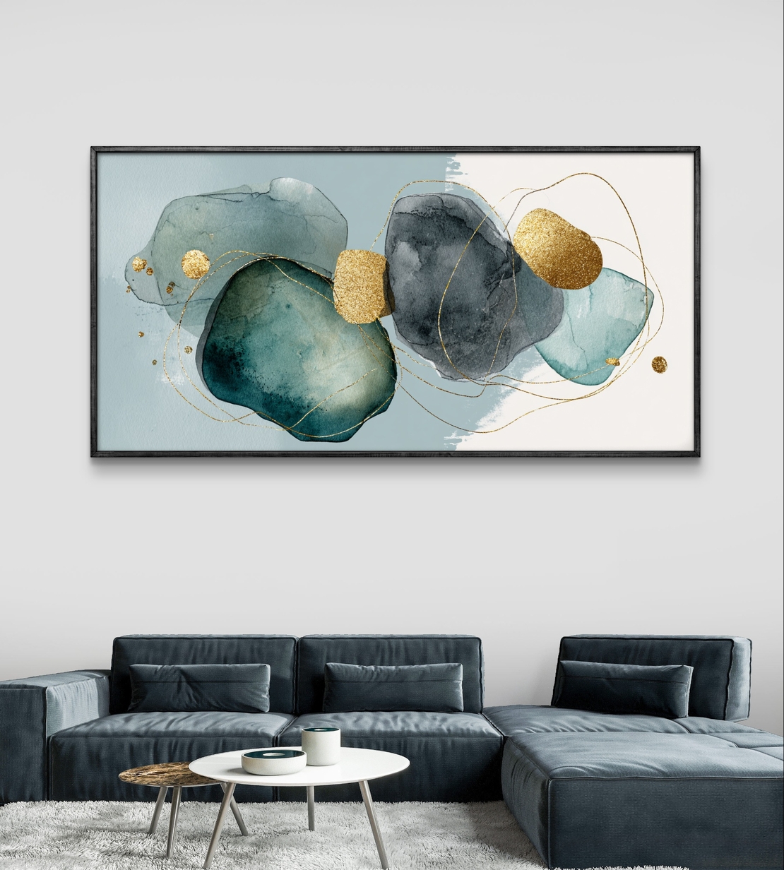 תמונת קנבס לרוחב בסגנון אקוורל בגווני טורקיז אפור וכחול עם נגיעות זהב עדינות – תכשיט לבית