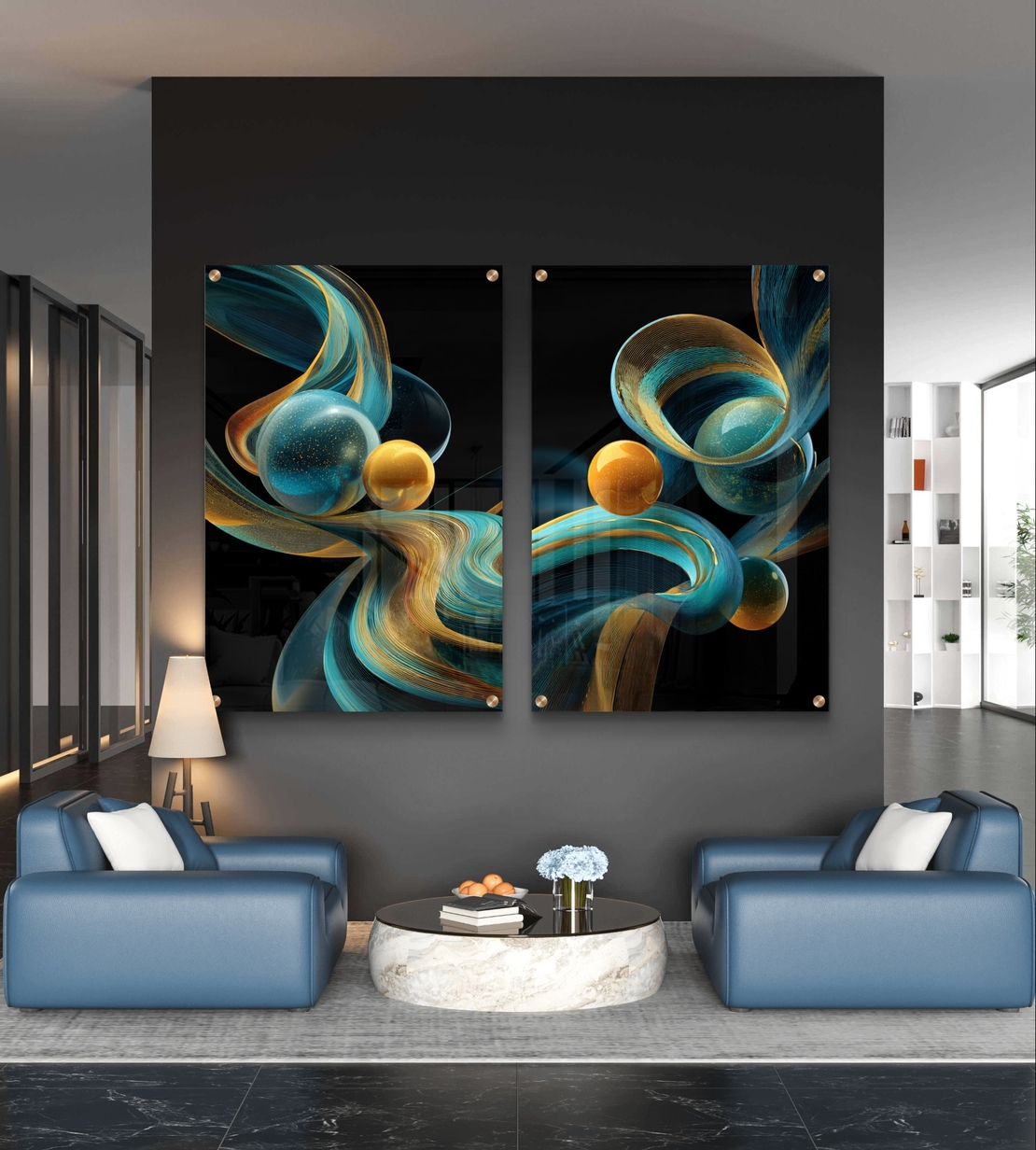 סט תמונות זכוכית זוגי בגווני תכלת וזהב עם גלים וכדורים זוהרים על רקע שחור – תכשיט לבית