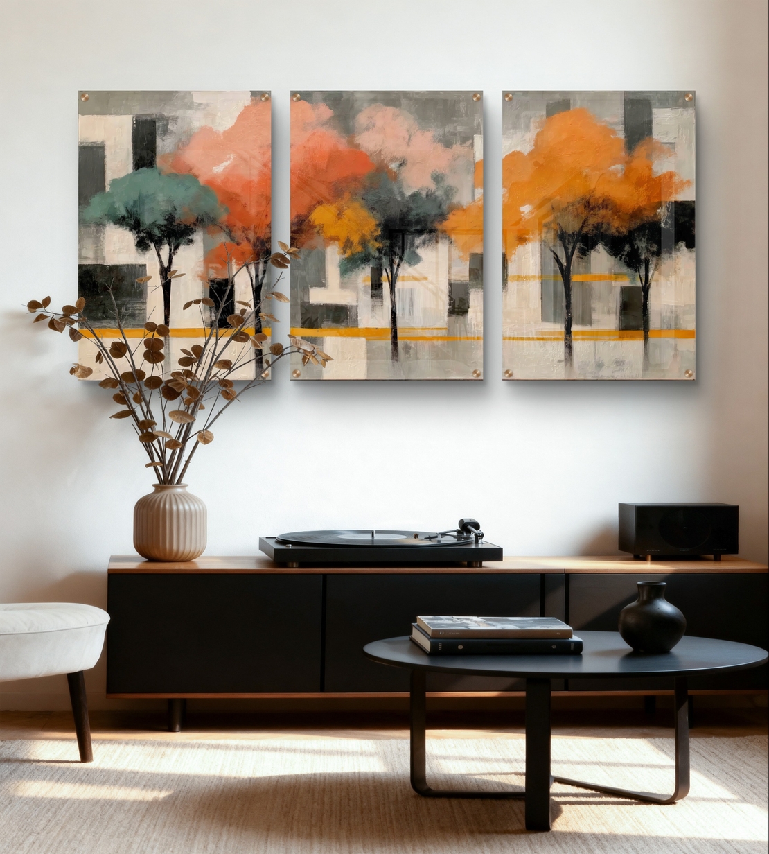 שלשת תמונות זכוכית עצים אבסטרקטיים בגווני כתום, אפרסק וטורקיז – דגם GG5473