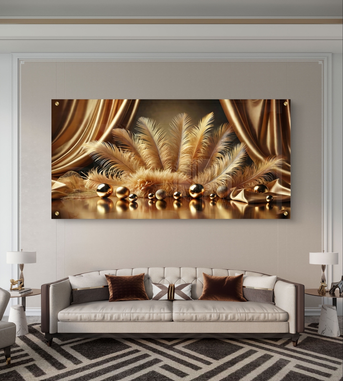 קטיפה מוזהבת – תמונת זכוכית יוקרתית עם נוצות זהב ווילונות דרמטיים | PN2503