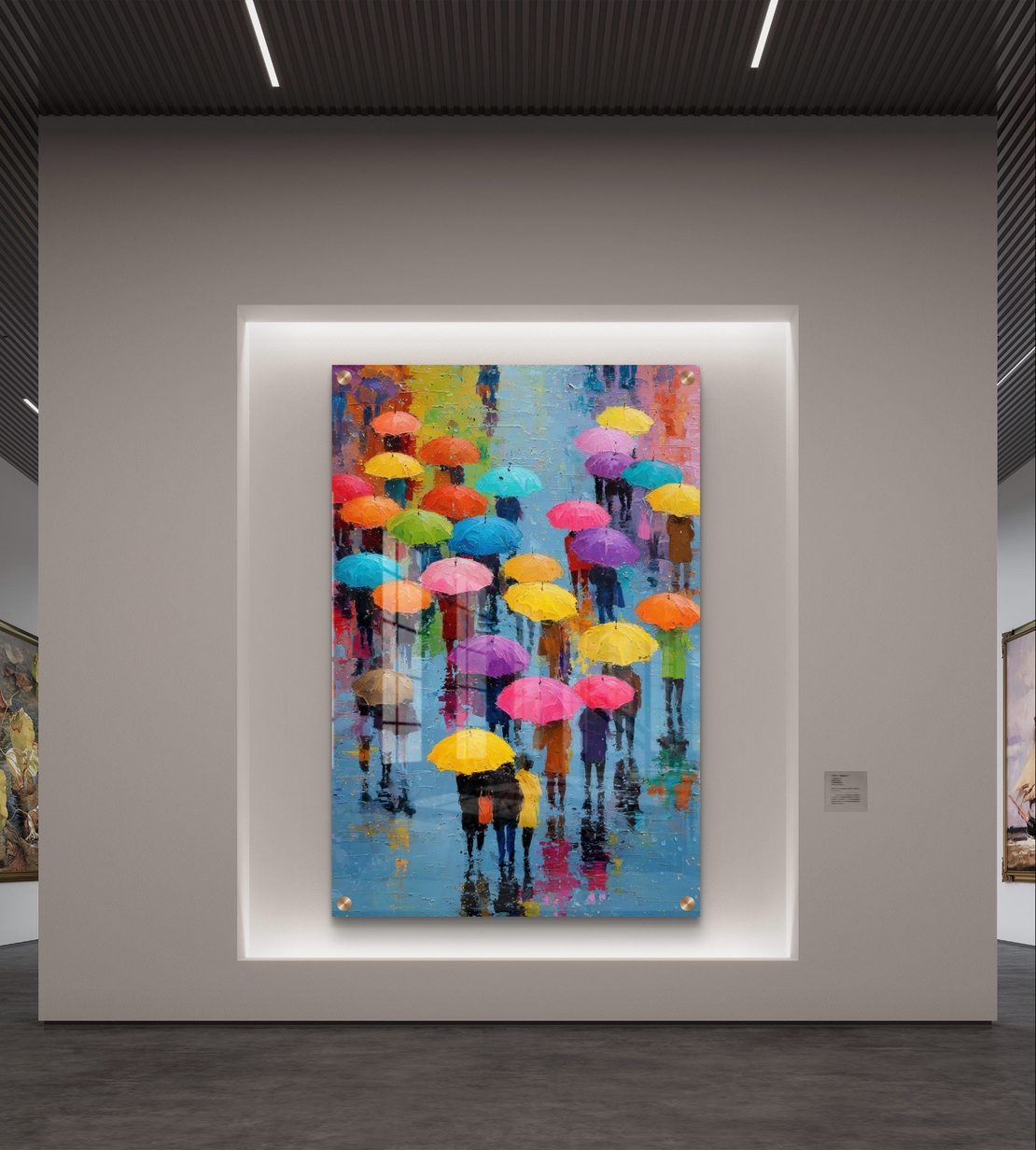 תמונת זכוכית צבעונית עם אנשים תחת מטריות בגוונים חזקים על רקע גשום – תכשיט לבית