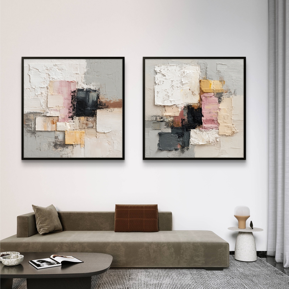 זוג תמונות קנבס אבסטרקטיות בטקסטורת שמנת, ורוד ואפור – דגם SB6303