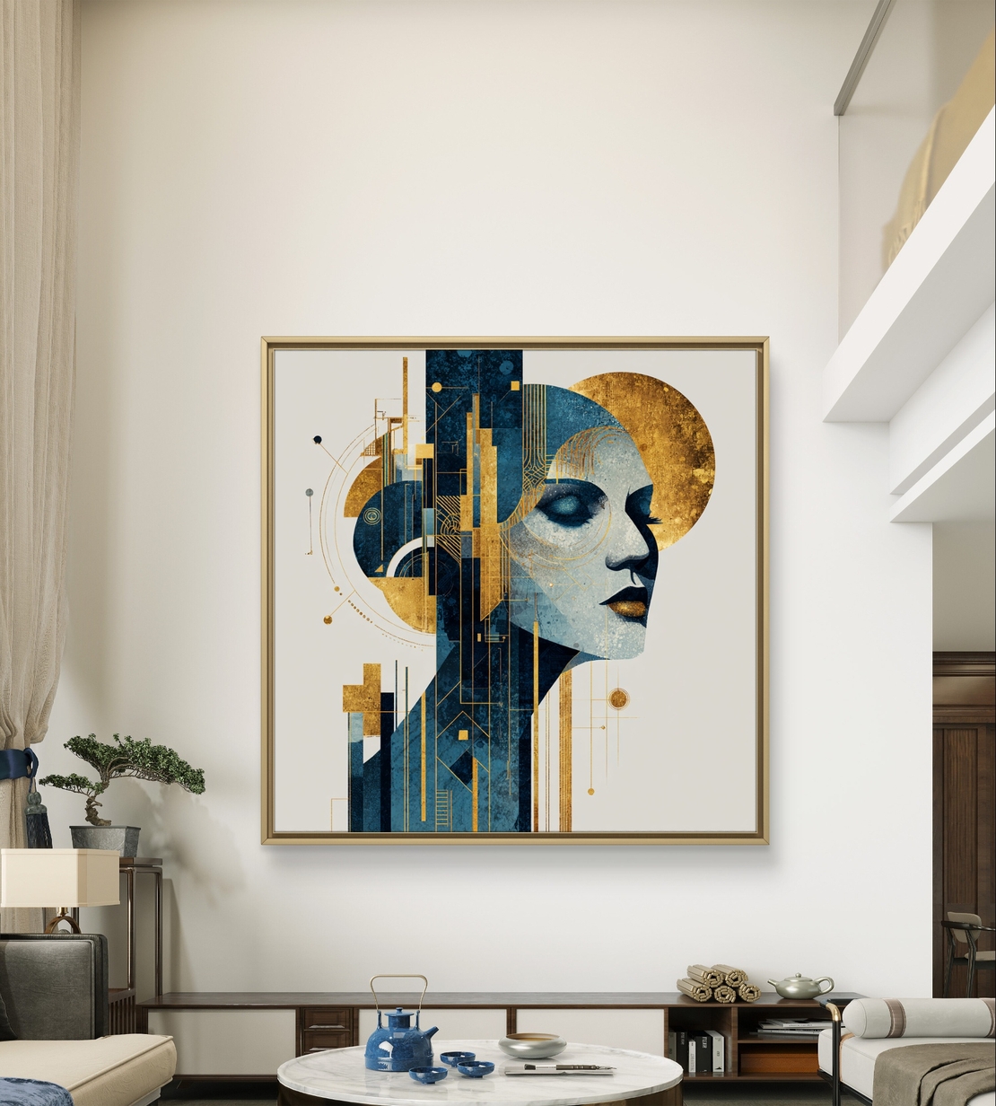 תמונת קנבס דיוקן נשי בסגנון ארט דקו עם כחול עמוק וזהב וקווים גיאומטריים