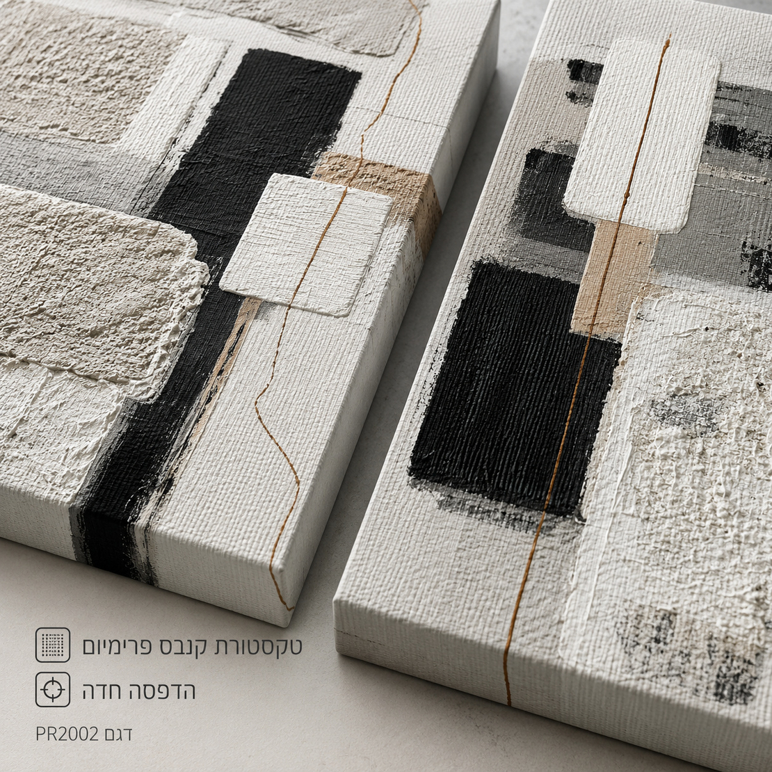 זוג תמונות קנבס פרימיום במרקם בולט דגם שכבות אבן מונוכרום PR2002
