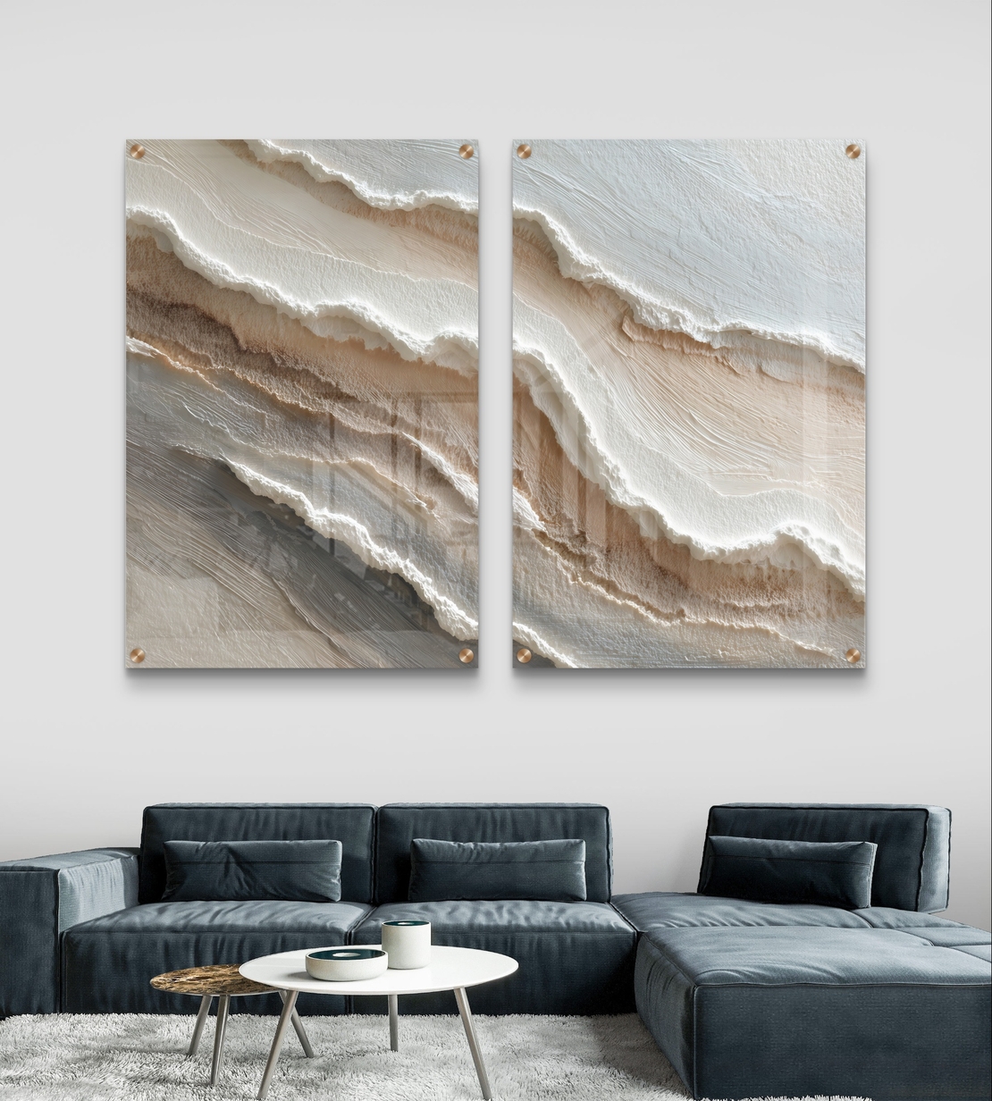 תמונת זכוכית זוגית אבסטרקטית בגווני שמנת ובז׳ בהשראת שכבות טבעיות בעיצוב רגוע