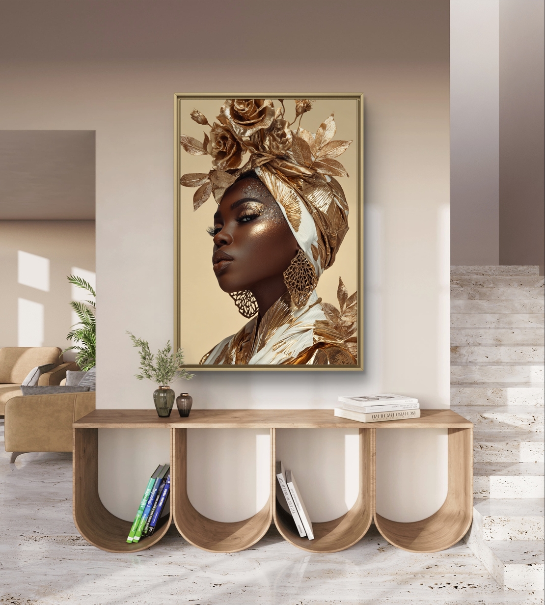 מלכת הזהב – תמונת קנבס פורטרט יוקרתי בזהב, שמנת וחום עמוק | CY1212