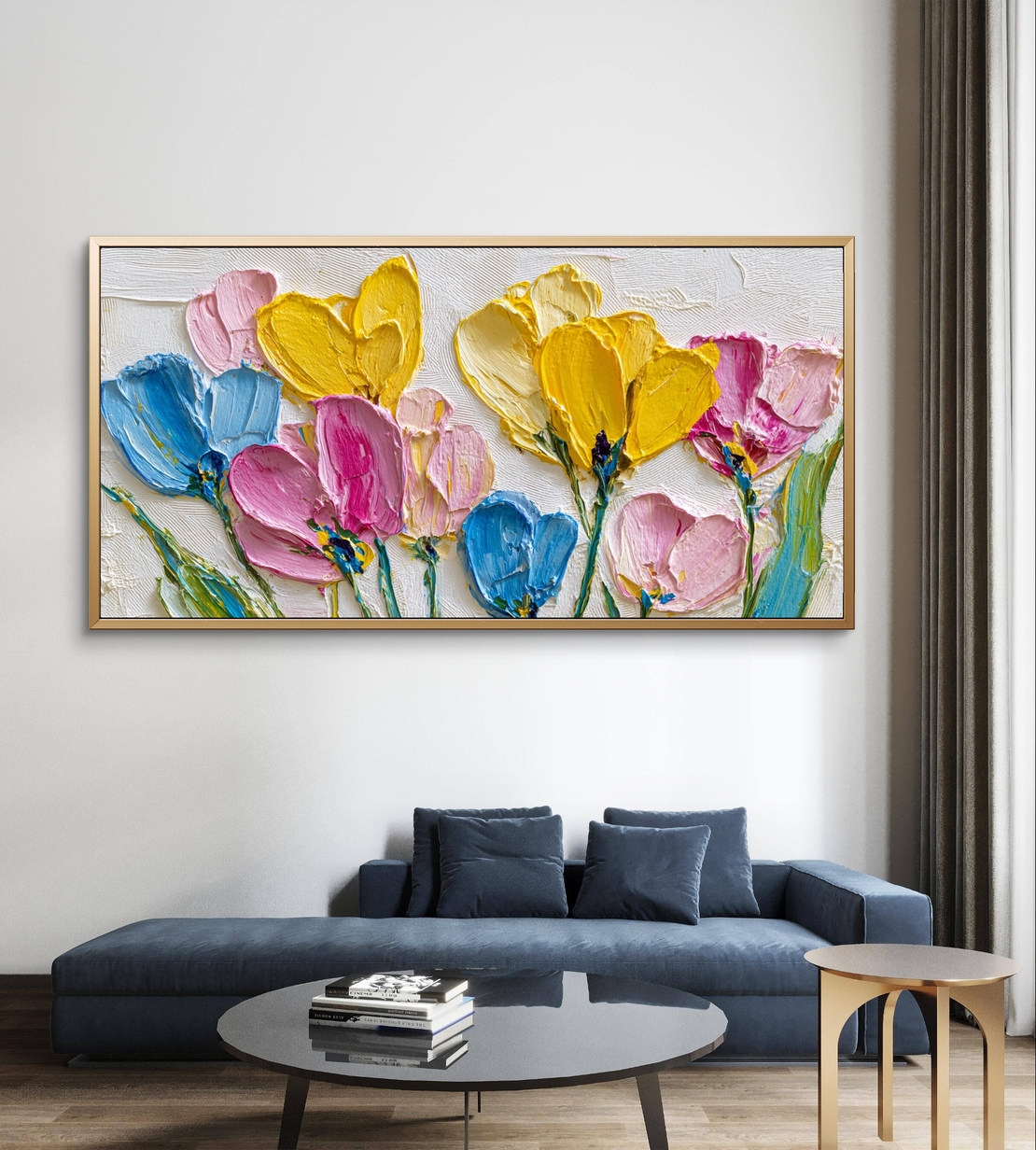 קנבס פרחים גדול עם שילוב צבעים חיים ונועזים.