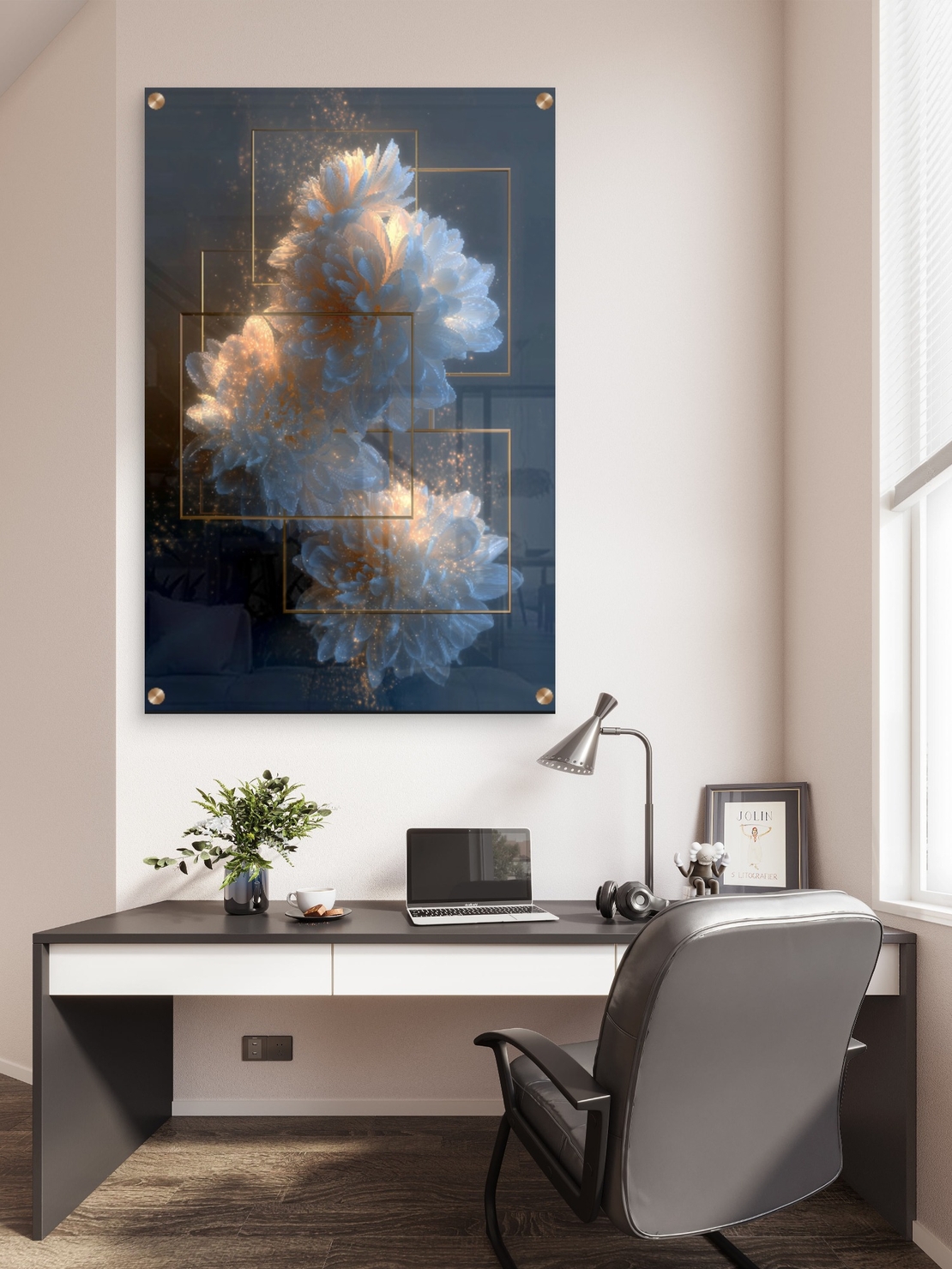 תמונת זכוכית של פרחים לבנים בתאורה זהובה עם מסגרות זהב מרחפות – NEXTGEN BY BAR