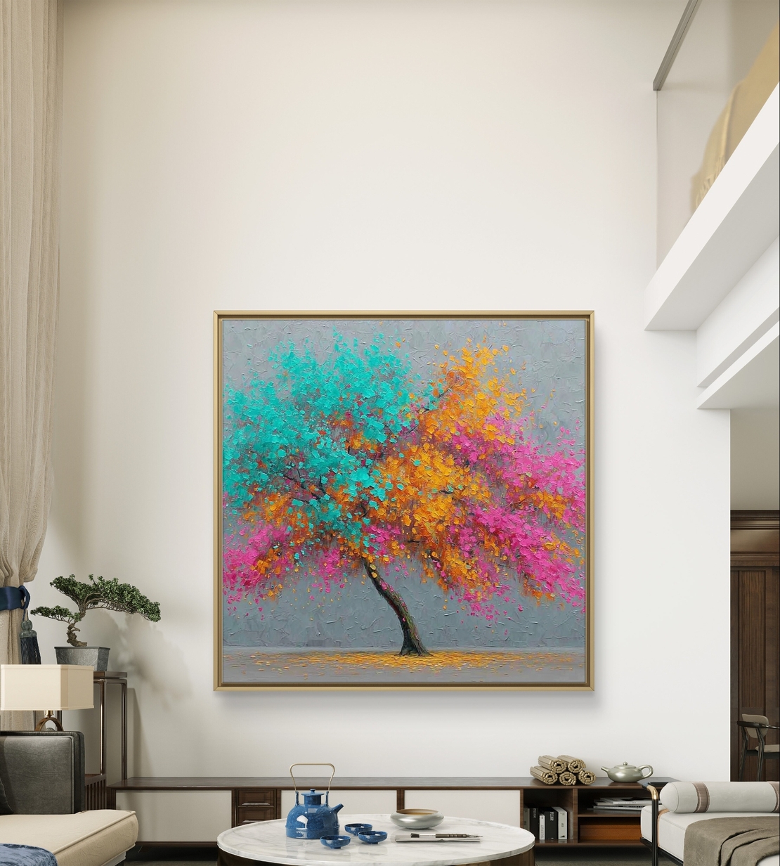 תמונת קנבס מרובעת של עץ אמנותי בצבעי טורקיז, כתום וורוד על רקע אפור מודרני