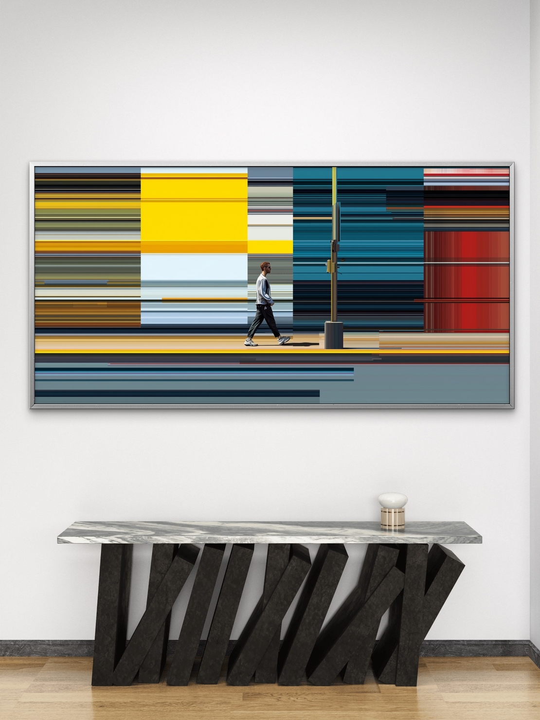 תמונת קנבס מודרנית עם דמות צועדת על רקע קווים צבעוניים מופשטים בגווני צהוב, אדום וטורקיז – NEXTGEN BY BAR