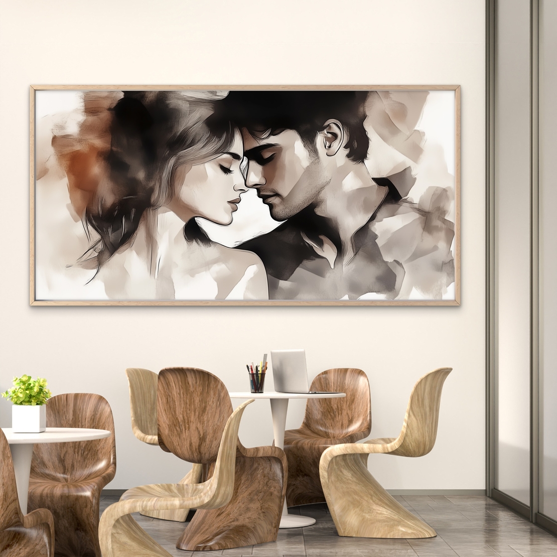 תמונת קנבס רומנטית של זוג מתקרב ברכות בגווני חום ולבן – עיצוב מודרני ועדין מתוך קולקציית NEXTGEN BY BAR של תכשיט לבית.