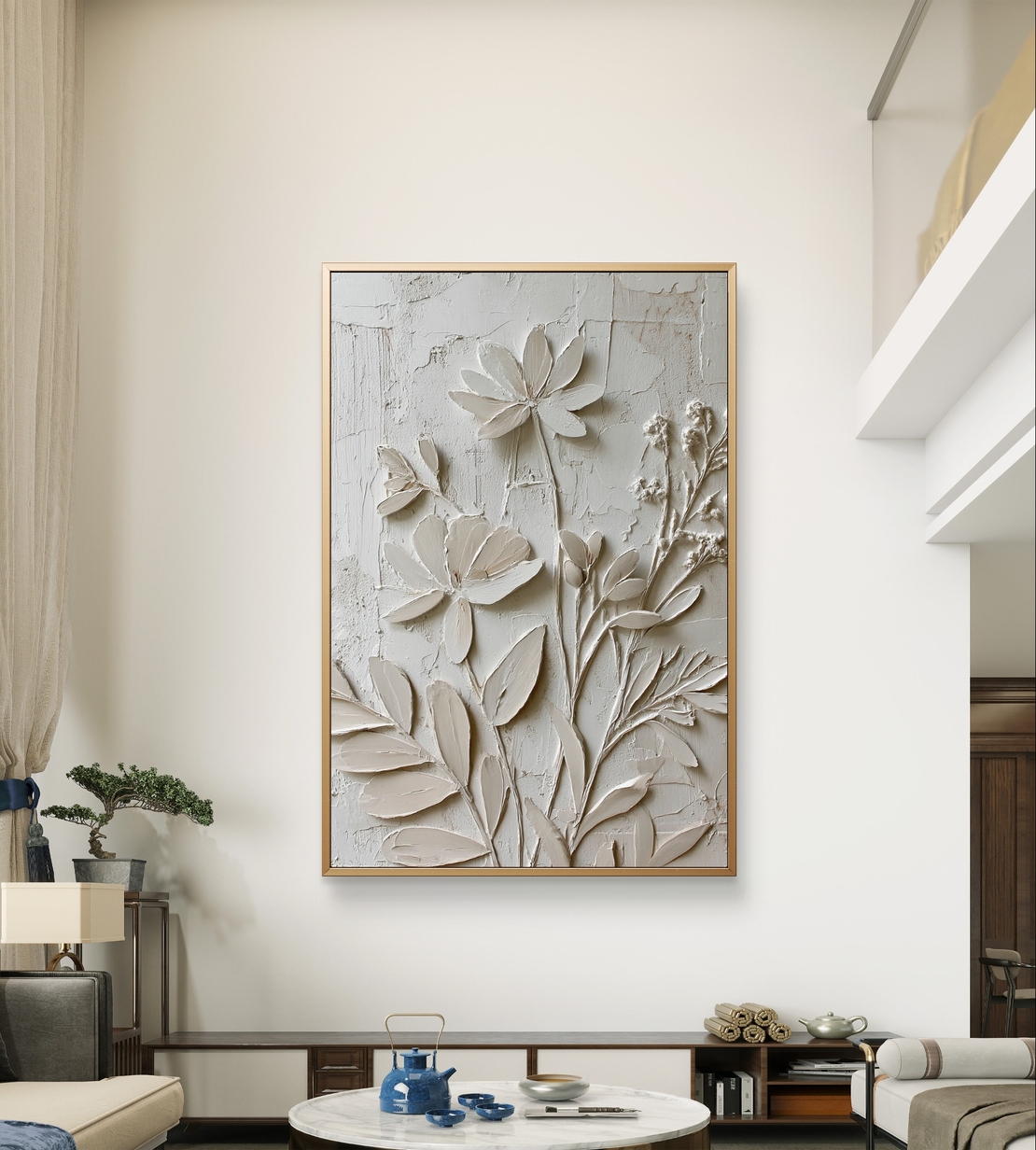 פרחי תבליט בגווני שמנת – תמונת קנבס טקסטורלית אלגנטית | DX5113