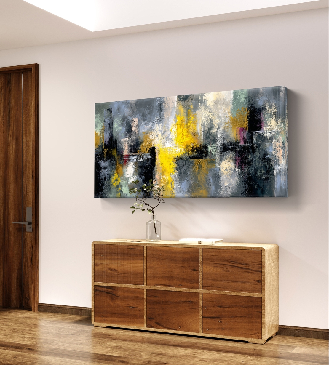 תמונת קנבס אבסטרקט עירוני – כתמי זהב וצהוב על רקע אפור ושחור | CJ6533