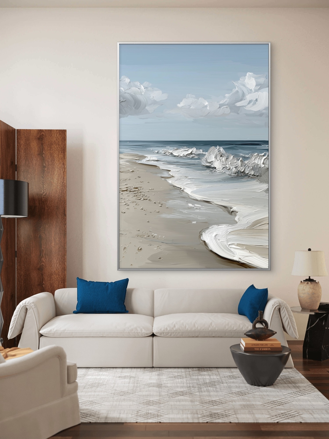 תמונת קנבס נשימת האוקיינוס – נוף ים רגוע עם גלים לבנים וחוף חול בהיר, בעיצוב יוקרתי מתוך קולקציית NEXTGEN BY BAR של תכשיט לבית.