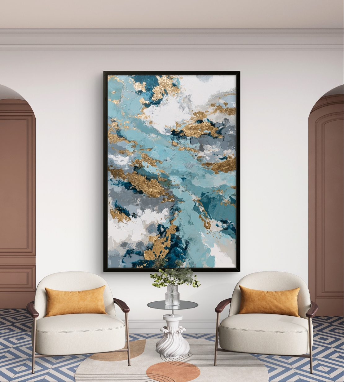 תמונת קנבס אבסטרקטית בגווני תכלת, כחול ולבן עם נגיעות זהב בעיצוב יוקרתי ואלגנטי לבית