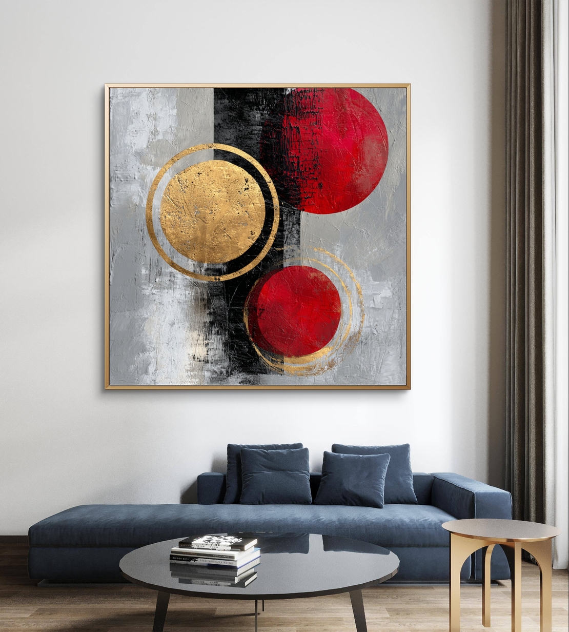 תמונת קנבס מרובעת אבסטרקטית עם עיגולים אדומים וטבעות זהב על רקע אפור ושחור