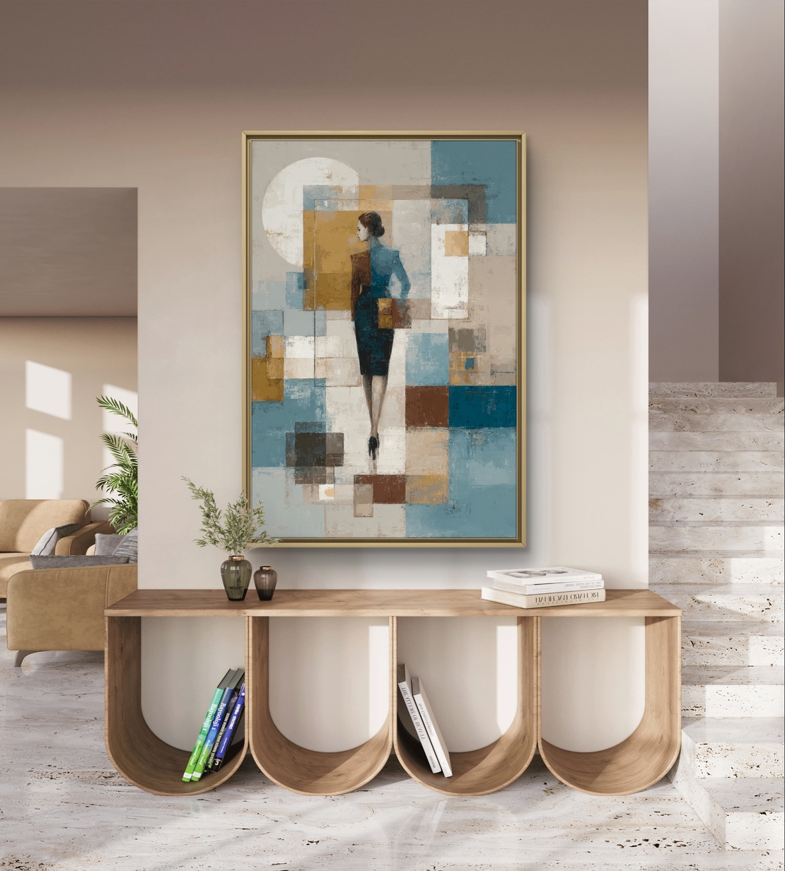 דמות בין בלוקים – תמונת קנבס אבסטרקט מודרנית בכחול, זהב ולבן | CY1211