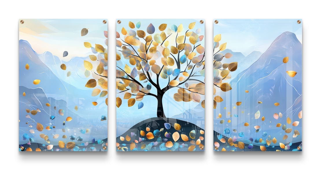 תמונת זכוכית שלישייה עם עץ ועלים בגווני תכלת וזהב על רקע הרים בעיצוב רגוע