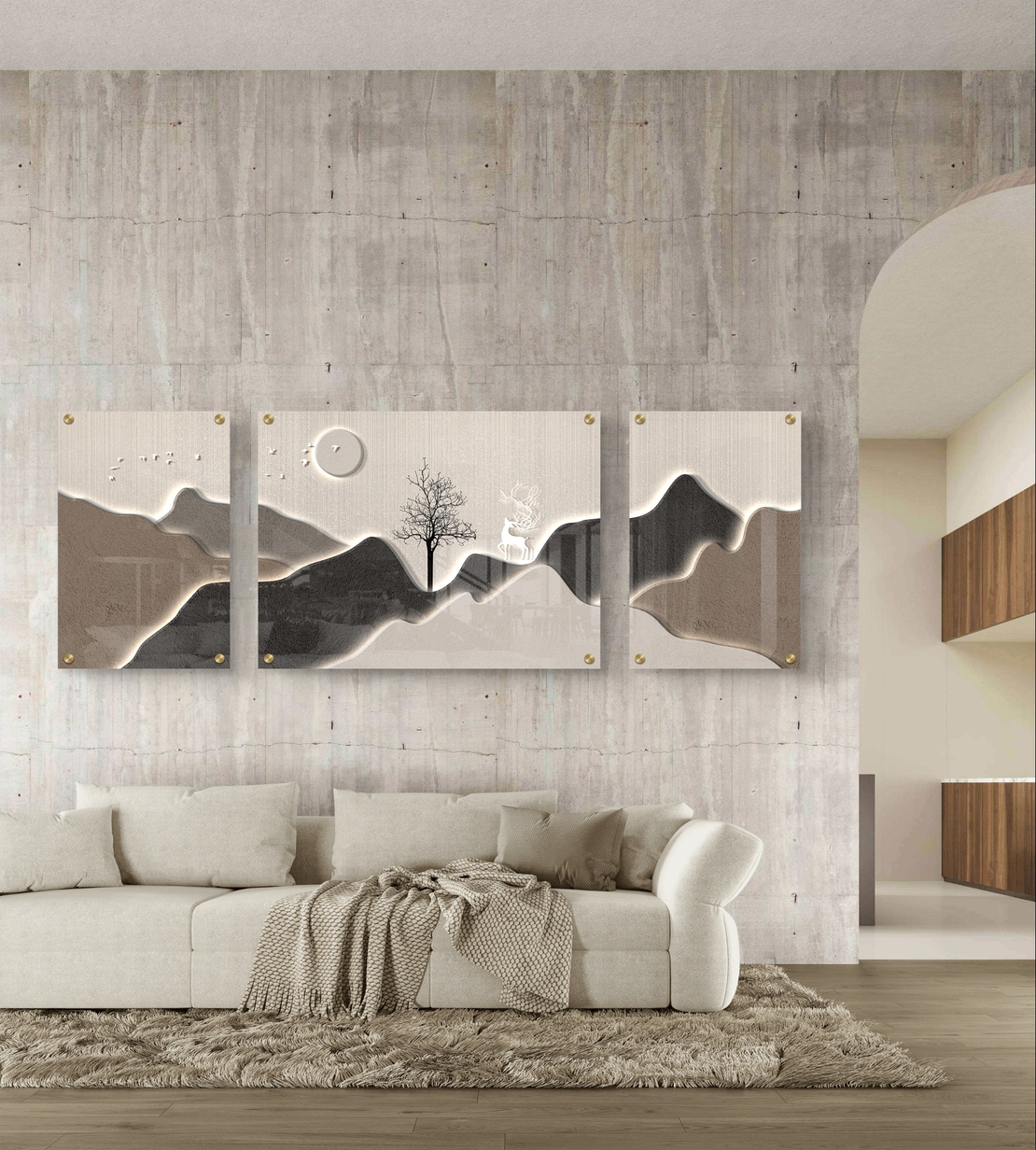 סט תמונות זכוכית מחולקות בעיצוב מופשט עם קווים רכים, עץ בודד וגוונים טבעיים של בז’, אפור וירקרק בסלון מודרני