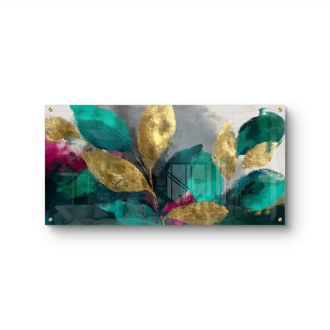 תמונת זכוכית לרוחב עם עלי זהב ורקע טורקיז אבסטרקטי – תכשיט לבית