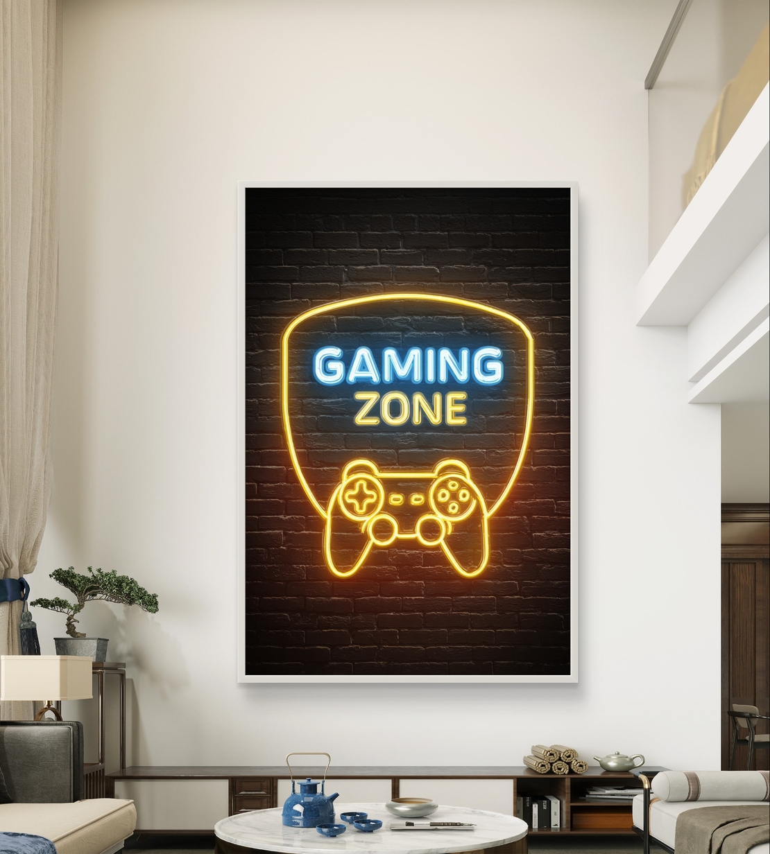 תמונת קנבס עם כיתוב Gaming Zone בעיצוב ניאון ובקר משחק על רקע כהה, מתאימה לחדר גיימינג וחדר נוער