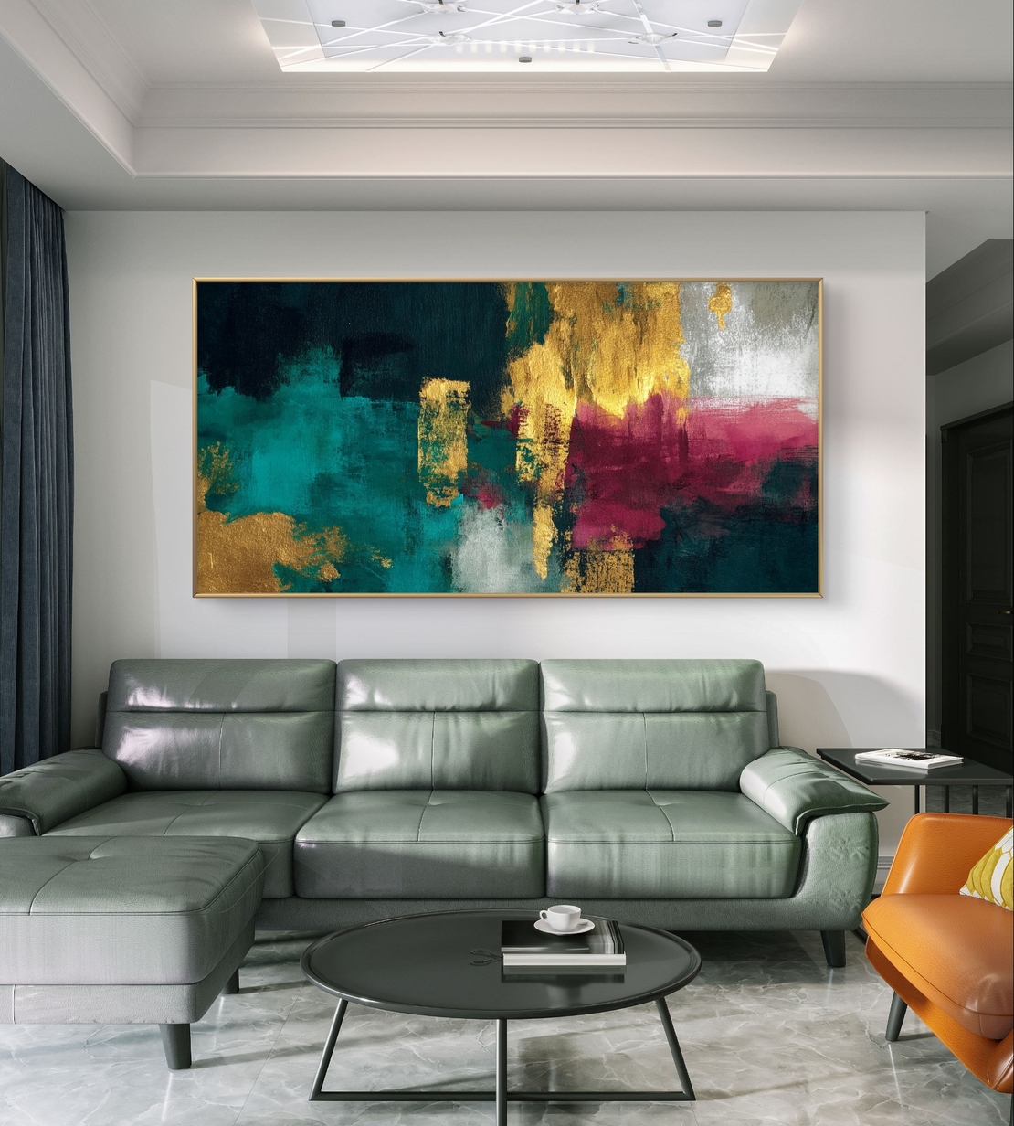 תמונת קנבס לרוחב בגווני טורקיז, זהב ובורדו בעיצוב אבסטרקט מודרני – תכשיט לבית