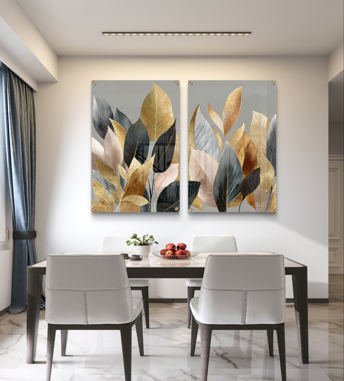 תמונת זכוכית זוגית עם עלים בגווני זהב, שמנת ושחור בעיצוב אלגנטי ומודרני