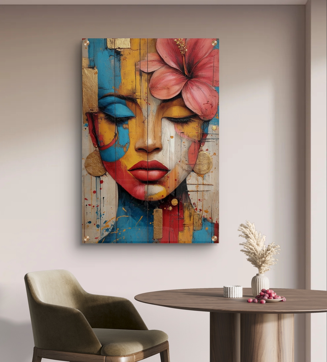 תמונת זכוכית בהדפסה חלקה של דיוקן נשי צבעוני עם פרח, בגווני אדום, כחול, צהוב ונגיעות זהב.