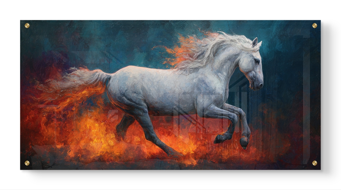 תמונת זכוכית בהדפסה חלקה של סוס לבן דוהר בין להבות אש, בעיצוב דרמטי ועוצמתי לסלון או פינת אוכל.