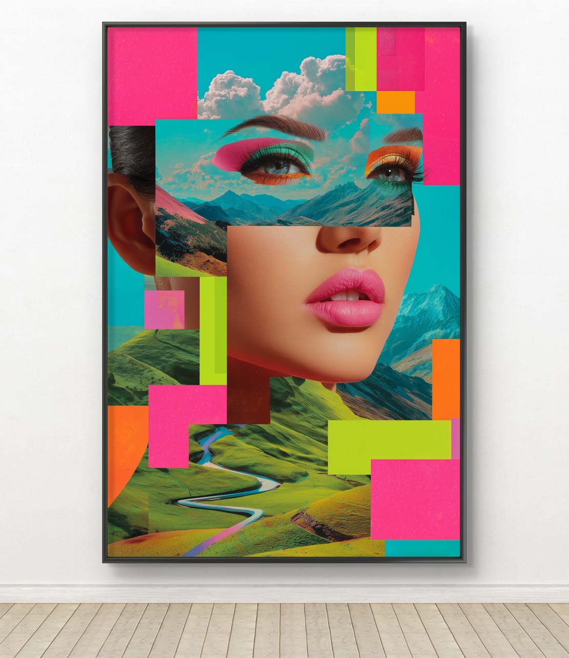 תמונת קנבס צבעונית עם דמות נשית ונופים בסגנון סוריאליסטי