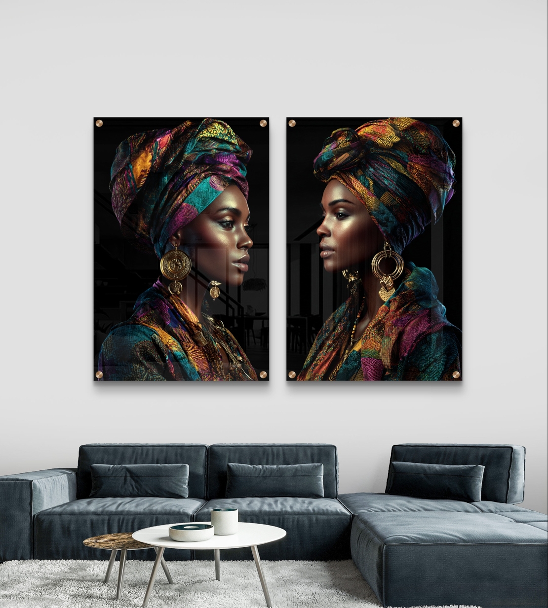 סט תמונות זכוכית זוגי עם דמות נשית בטורבן צבעוני בעיצוב דרמטי ויוקרתי