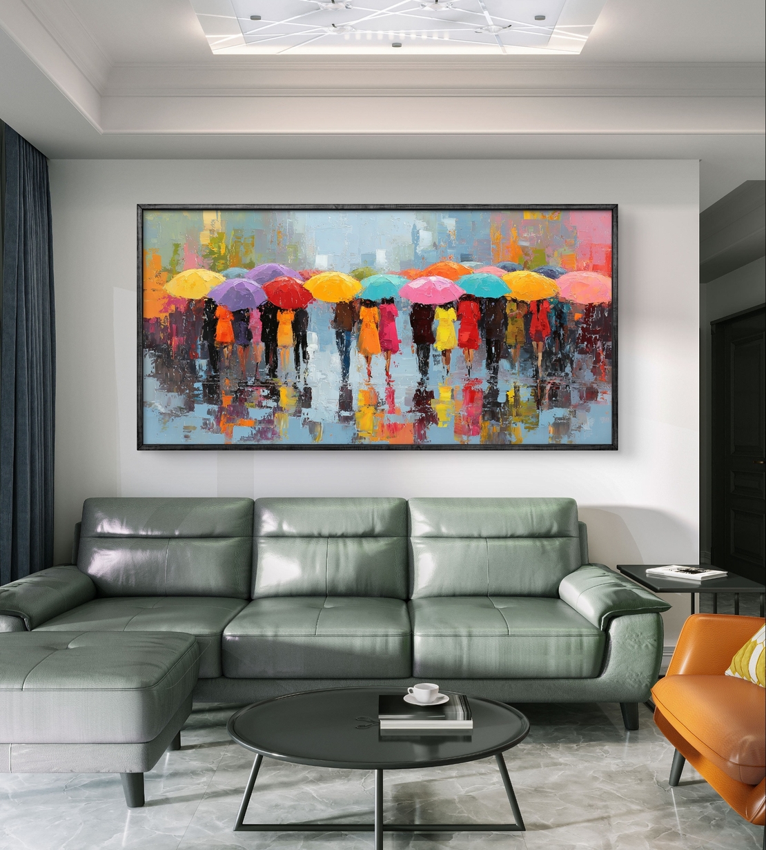 תמונת קנבס לרוחב עם אנשים תחת מטריות צבעוניות בגשם – תכשיט לבית