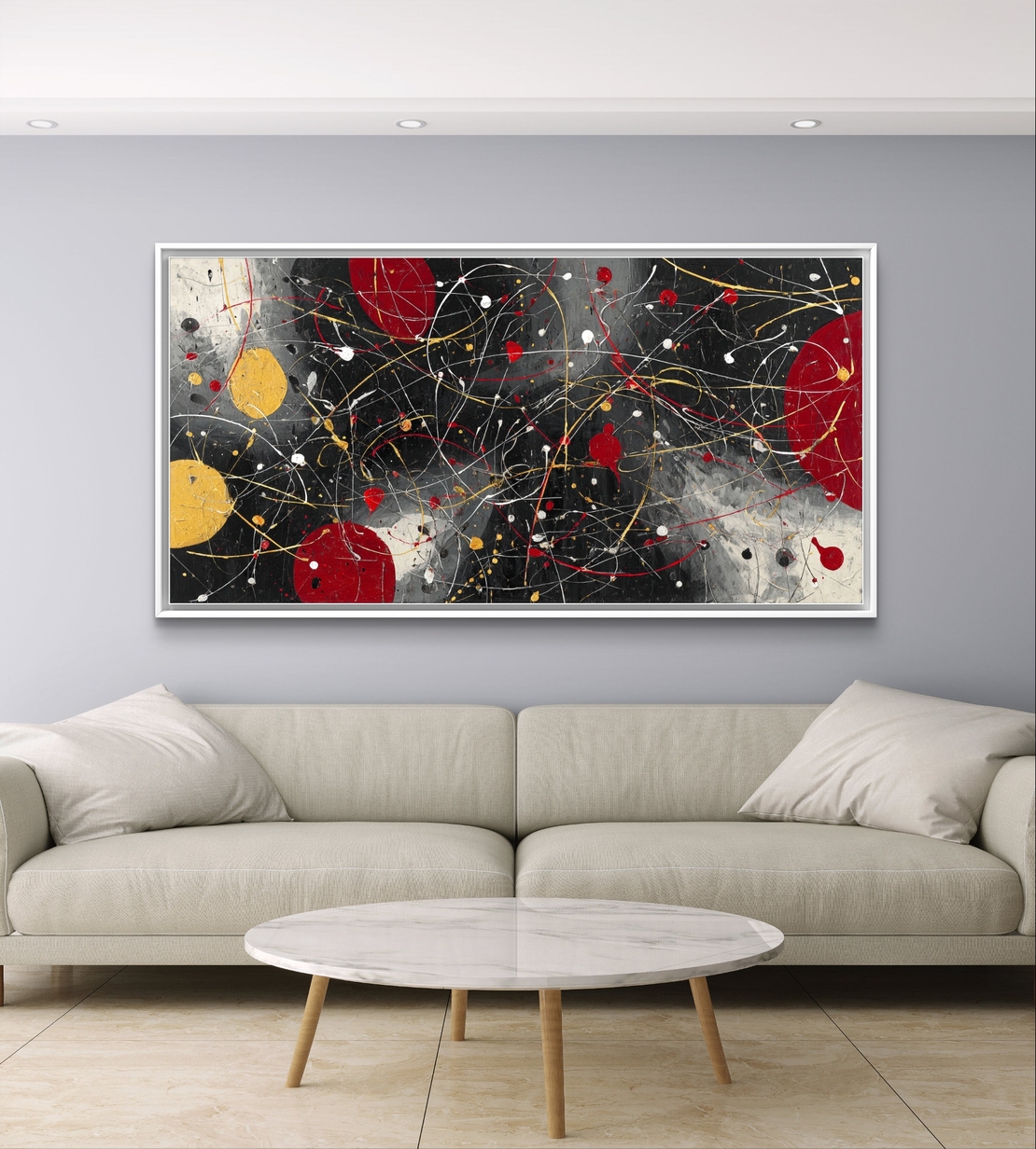 תמונת קנבס אבסטרקטית לרוחב בגווני שחור, אדום וצהוב עם קווים דינמיים ונגיעות זהב