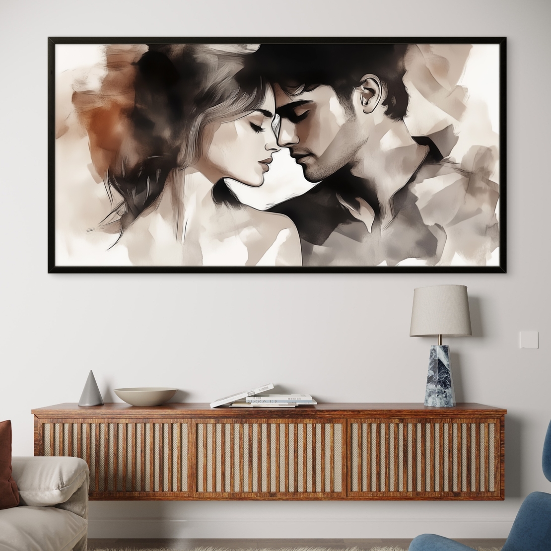 תמונת קנבס רומנטית של זוג מתקרב ברכות בגווני חום ולבן – עיצוב מודרני ועדין מתוך קולקציית NEXTGEN BY BAR של תכשיט לבית.