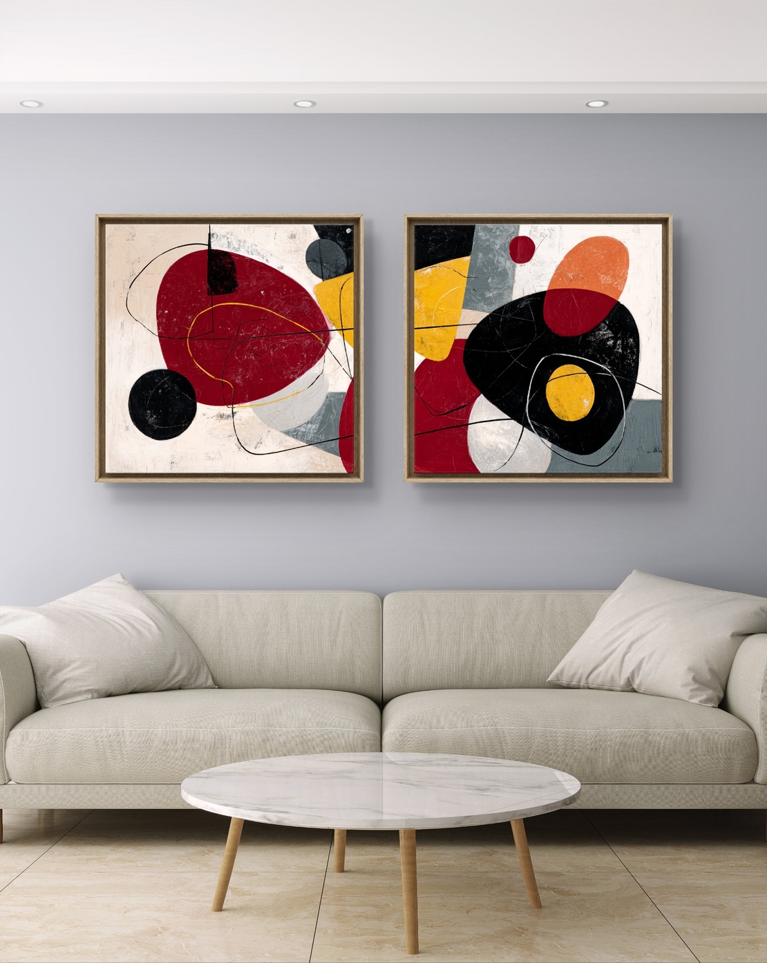 זוג תמונות קנבס מרובעות בסגנון אבסטרקט מודרני בגווני אדום, שחור וצהוב – תכשיט לבית