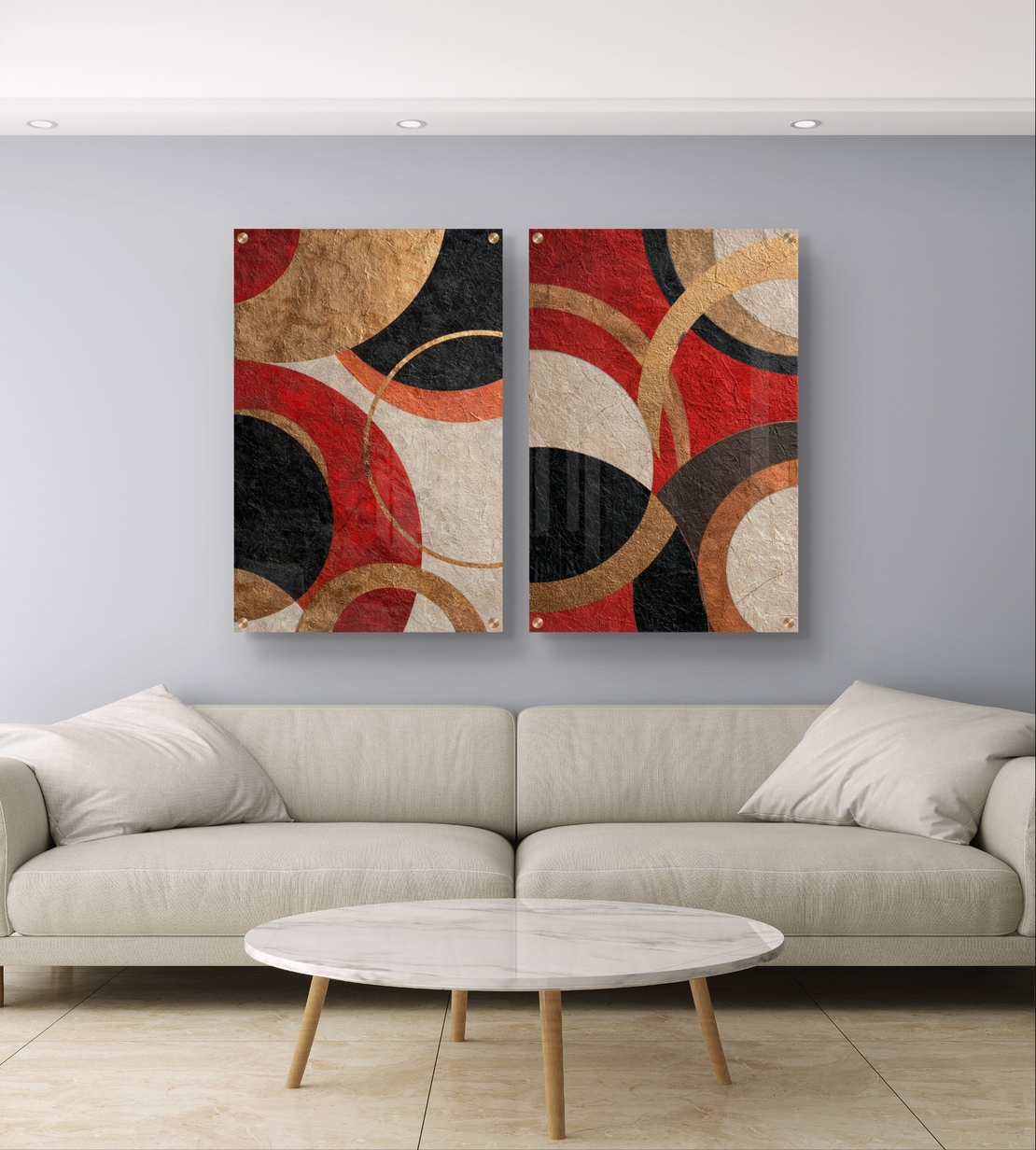 סט תמונות זכוכית זוגי בגווני זהב, אדום, שחור ובז' בעיצוב מעגלי מודרני – תכשיט לבית