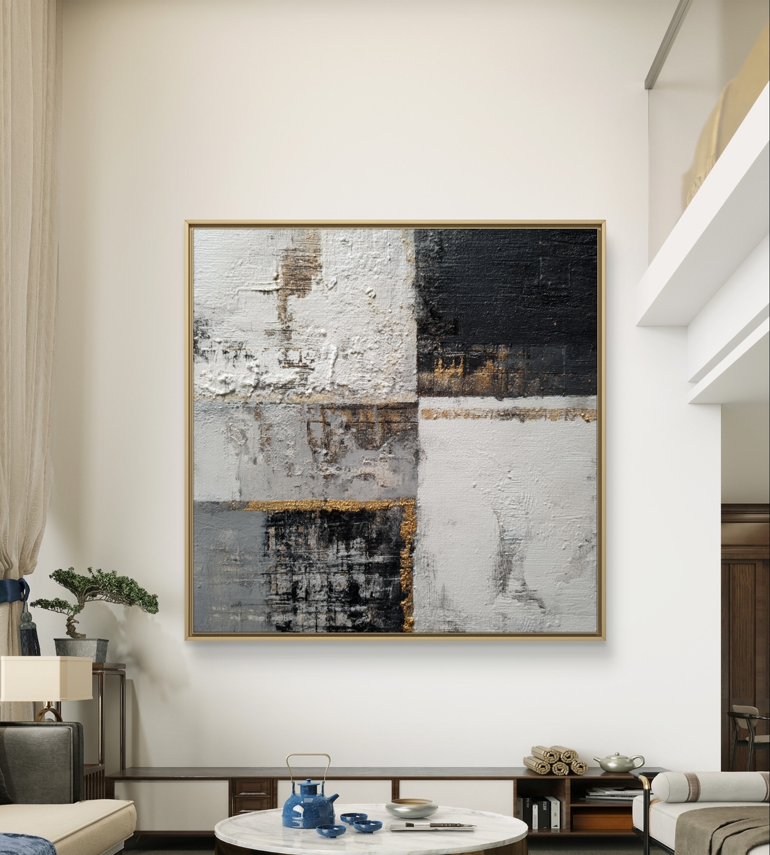 תמונת קנבס מרובעת אבסטרקטית בגווני שחור, לבן ואפור עם נגיעות זהב.