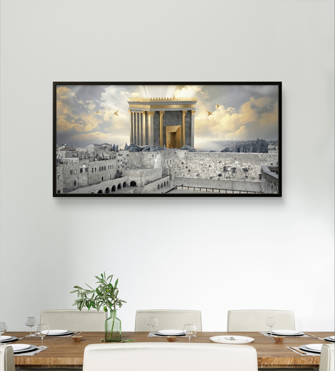 תמונת קנבס לרוחב של בית המקדש מעל ירושלים עם אור זהב שמיימי, עיצוב קדוש ומרומם לבית – מבית תכשיט לבית