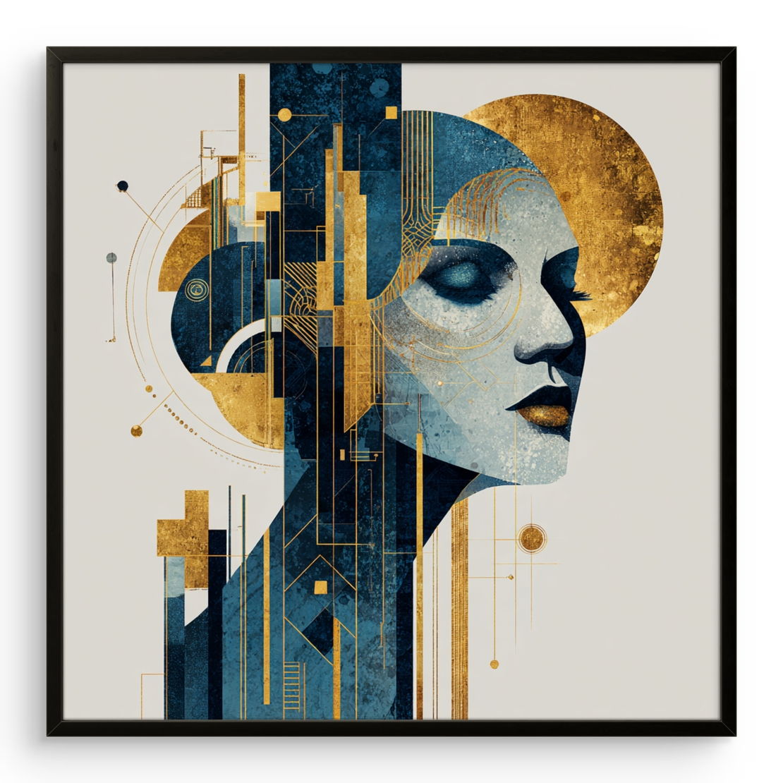 קנבס מודרני של דמות נשית אלגנטית עם אלמנטים גרפיים וזהב מטאלי על רקע שמנת