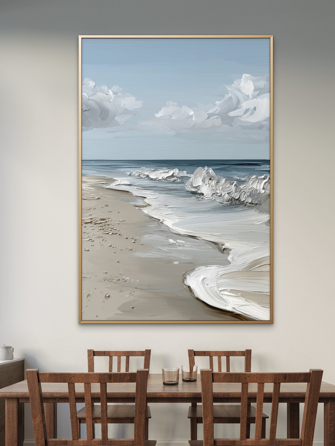 תמונת קנבס נשימת האוקיינוס – נוף ים רגוע עם גלים לבנים וחוף חול בהיר, בעיצוב יוקרתי מתוך קולקציית NEXTGEN BY BAR של תכשיט לבית.