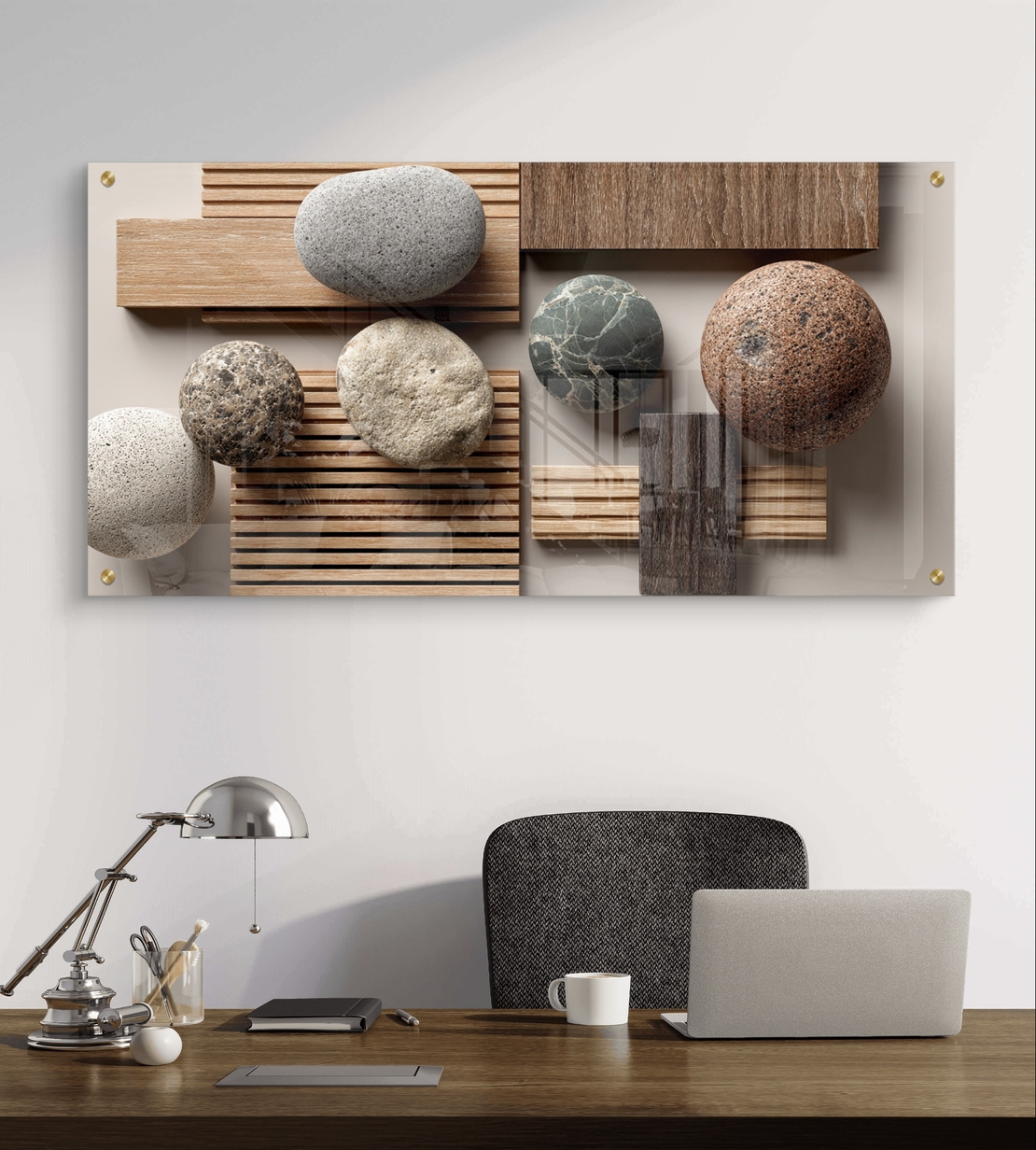 תמונת זכוכית לרוחב עם אבנים טבעיות וטקסטורת עץ בעיצוב מינימליסטי רגוע