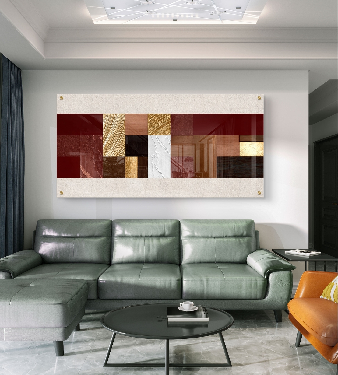 תמונת זכוכית לרוחב בעיצוב אבסטרקטי גאומטרי בגווני בורדו, חום וזהב עם הדפסה חלקה ומראה יוקרתי