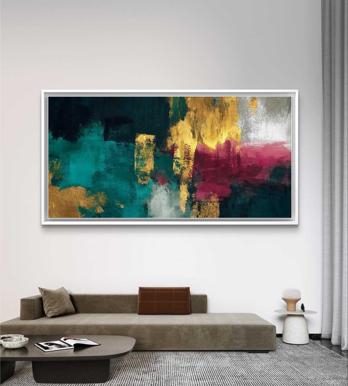 תמונת קנבס לרוחב בגווני טורקיז, זהב ובורדו בעיצוב אבסטרקט מודרני – תכשיט לבית