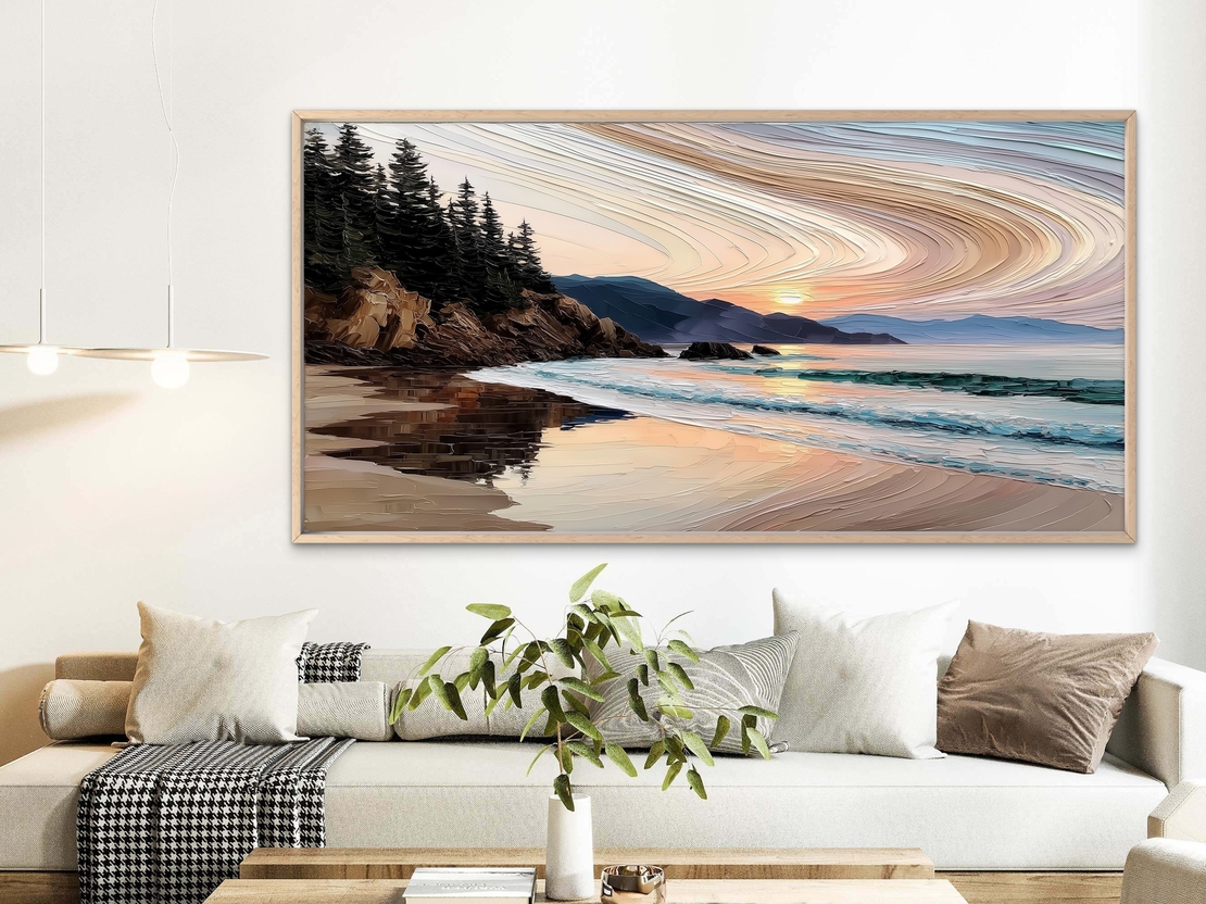 תמונת קנבס של שקיעה בחוף עם קווים גרפיים רכים, הדפסה חלקה NEXTGEN BY BAR