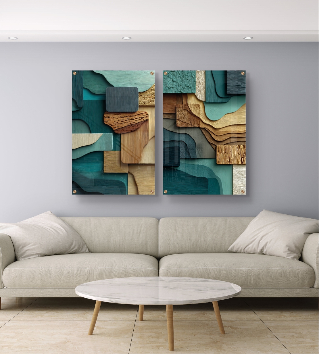 תמונת זכוכית זוגית בעיצוב אבסטרקטי עם שכבות גאומטריות בגווני ירוק, עץ וחומים, מודפסת בהדפסה חלקה ומודרנית